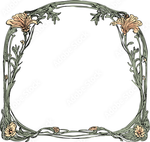 Art nouveau style floral border, hand drawn with yellow and pink blush daisy flower blooms and buds, oval to teardrop shaped copy space area