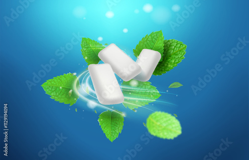 Pads of bubble gum with mint leaves. Fresh breathing and healthy teeth. Chewing gums on blue background. Green spearmint leaves. Realistic illustration