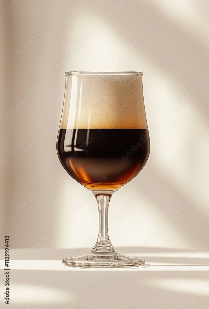 Elegant Glass of Layered Beverage Featuring Rich Dark Tones and Foamy Head Against a Soft Neutral Background, Perfect for Refreshing Moments and Gourmet Experience Elegant Glass of Layered Beverage Featuring Rich Dark Tones and Foamy Head Against a Soft Neutral Background, Perfect for Refreshing Moments and Gourmet Experience
