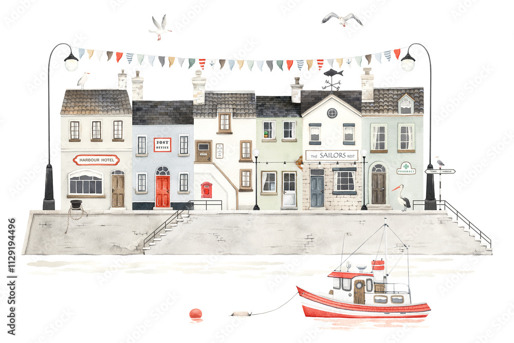 Fototapeta Old town in marine harbour c beautiful houses, seabirds and fishing boat. Watercolor landscape with sea city for wallpapers, poster, card or invitation banner.