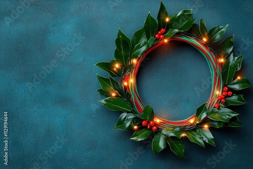 Christmas Health and Fitness. A festive holiday wreath made of glowing jump ropes and resistance bands, decorated with holly and fairy lights, conceptual art, bright palette photo