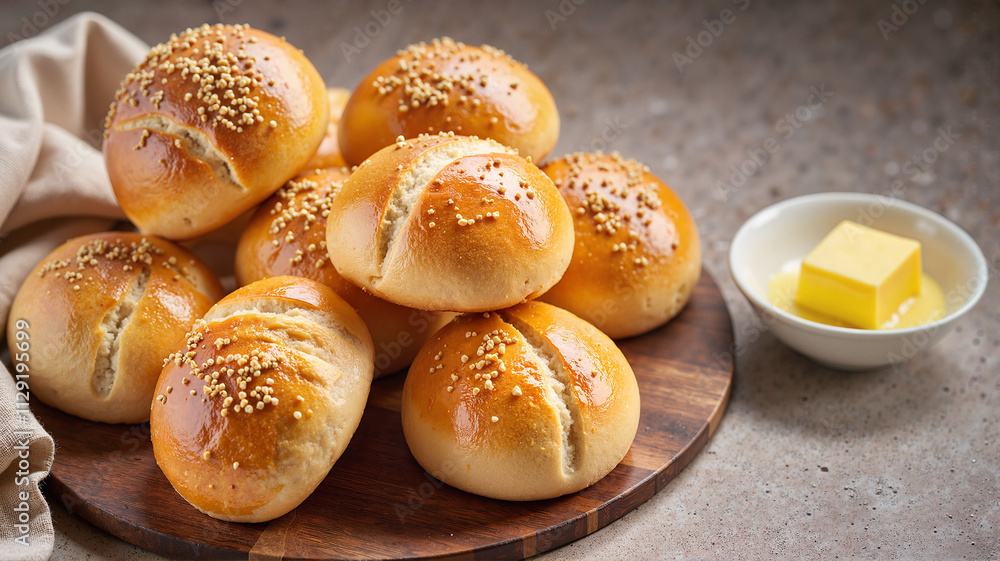 Golden baked dinner rolls with butter on a rustic plate Golden baked dinner rolls with butter on a rustic plate