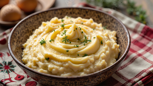 Creamy mashed potatoes with a sprinkling of fresh herbs on a festive tablecloth