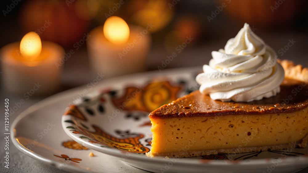 Pumpkin pie with whipped cream and candlelight in the background Pumpkin pie with whipped cream and candlelight in the background