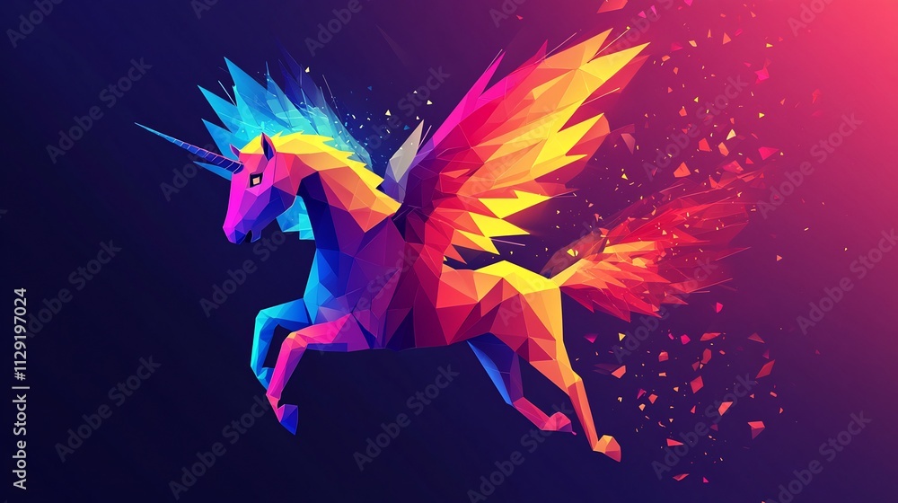 Naklejka premium Abstract Colorful Low Poly Winged Unicorn Artwork