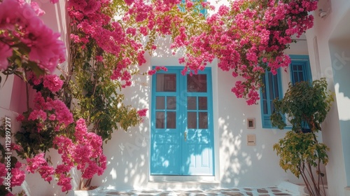 Fototapeta Naklejka Na Ścianę i Meble -  Architecture of island of Santorini, the most romantic island in the world, Greece. Hotels in Santorini. Walking the streets of Fira summer day, Travel to Greece. Beautiful white exterior Santorini