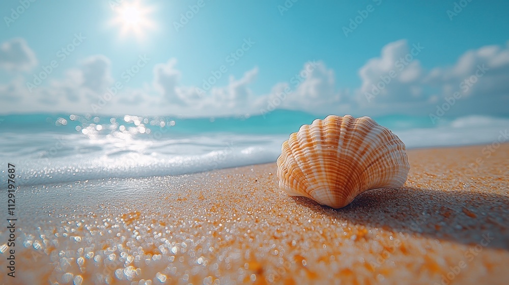 A minimalist shot of a smooth seashell resting on golden sand, with gentle ocean waves in the background blending seamlessly into a bright blue sky A minimalist shot of a smooth seashell resting on golden sand, with gentle ocean waves in the background blending seamlessly into a bright blue sky