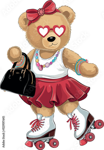 cute girly teddy bear in pink fashion style with skating shoe vector art