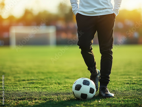 A man wearing a blank white soccer jersey and long black pants, standing on a green soccer field with a ball at his feet photo