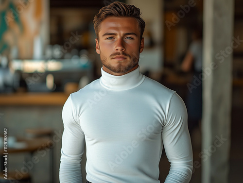 A white man standing confidently, wearing a plain white turtleneck shirt and long black pants