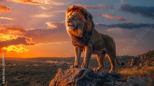 Majestic Lion on Rocky Cliff in Savannah at Golden Hour