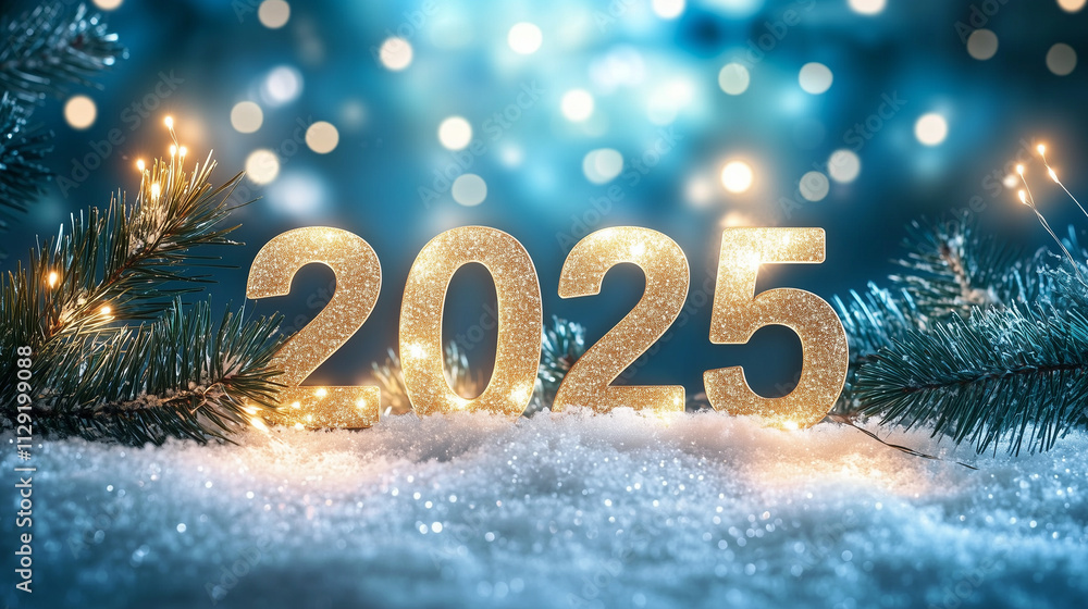 Golden 2025 New Year celebration, illuminated numbers in snow and pine forest, festive holiday season, winter wonderland, abstract blue background, sparkling lights, magical atmosphere, successful and Golden 2025 New Year celebration, illuminated numbers in snow and pine forest, festive holiday season, winter wonderland, abstract blue background, sparkling lights, magical atmosphere, successful and