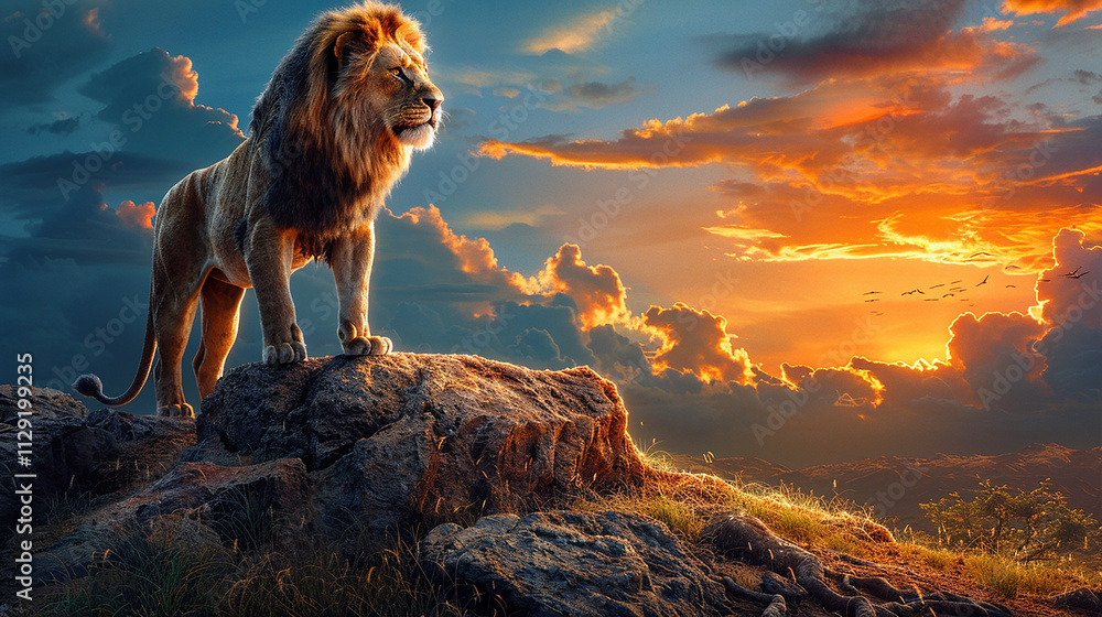 Majestic Lion on Rocky Cliff in Savannah at Golden Hour Majestic Lion on Rocky Cliff in Savannah at Golden Hour