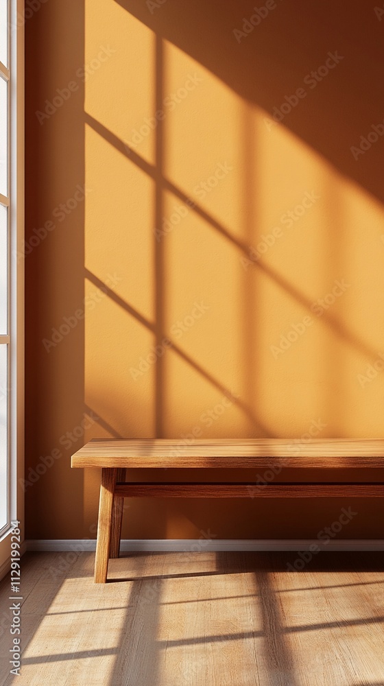 Fototapeta premium Wooden bench bathed in warm, golden sunshine casting intricate shadows on a vibrant orange wall, creating a peaceful and relaxing atmosphere in a minimalist interior setting.