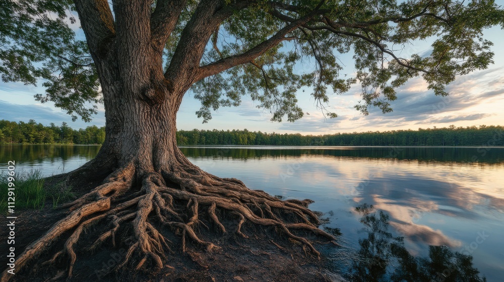majestic tree with exposed roots by a tranquil lake majestic tree with exposed roots by a tranquil lake