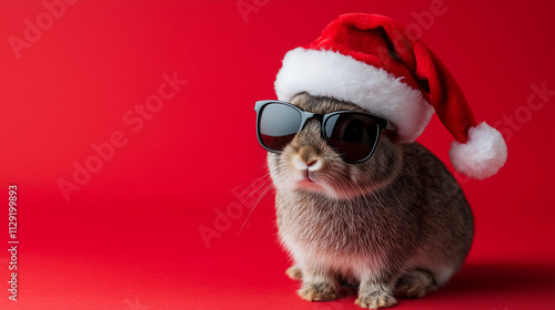 Merry Christmas concept holiday vacation winter animal pet greeting card - Cool Bunny Rabbit with sunglasses and santa claus hat, isolated on red background
