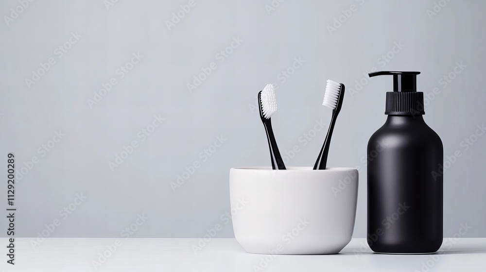 Two black toothbrushes in a white bowl beside a black pump bottle on a clean surface. Two black toothbrushes in a white bowl beside a black pump bottle on a clean surface.