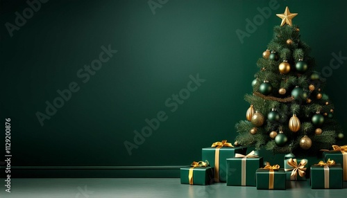 christmas tree decorated with dark green christmas gifts with golden ribbons dark green background with copy space minimalistic banner for christmas advertising