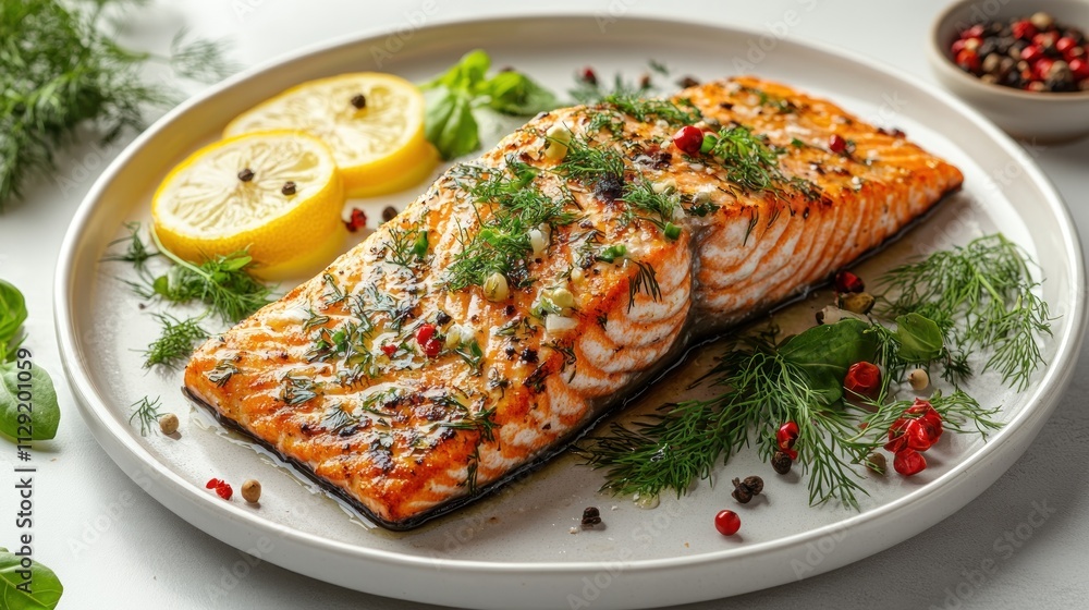 A perfectly grilled salmon fillet with crispy skin, garnished with fresh dill and lemon slices, served on a clean white plate against a plain white background A perfectly grilled salmon fillet with crispy skin, garnished with fresh dill and lemon slices, served on a clean white plate against a plain white background
