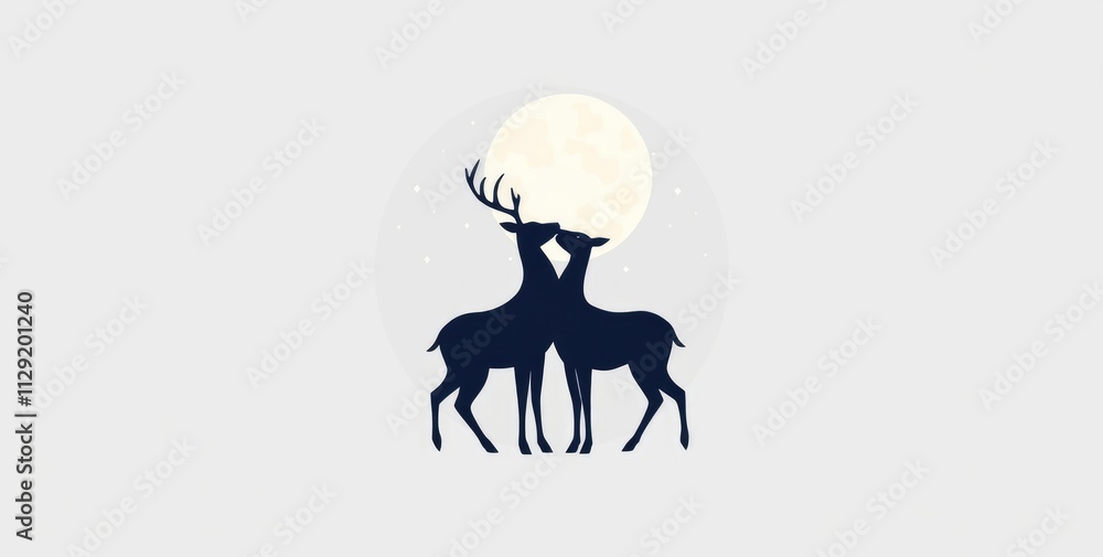 Fototapeta premium In a magical setting, two deer embrace under the soft glow of a full moon, surrounded by a tranquil atmosphere that embodies love and connection on Valentine's Day
