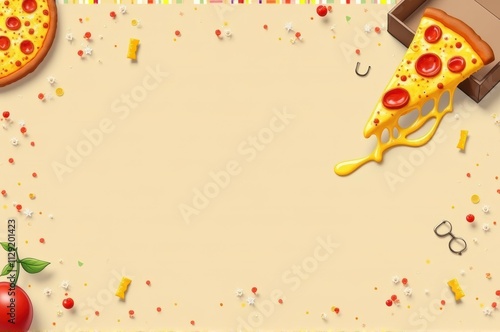 Delicious cheesy pepperoni pizza border with toppings on beige background
