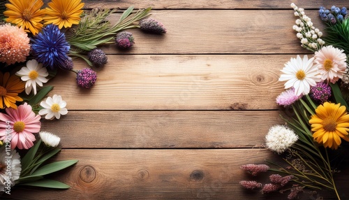 antique wooden country table with flowers and floral design wood texture and rustic flatlay background