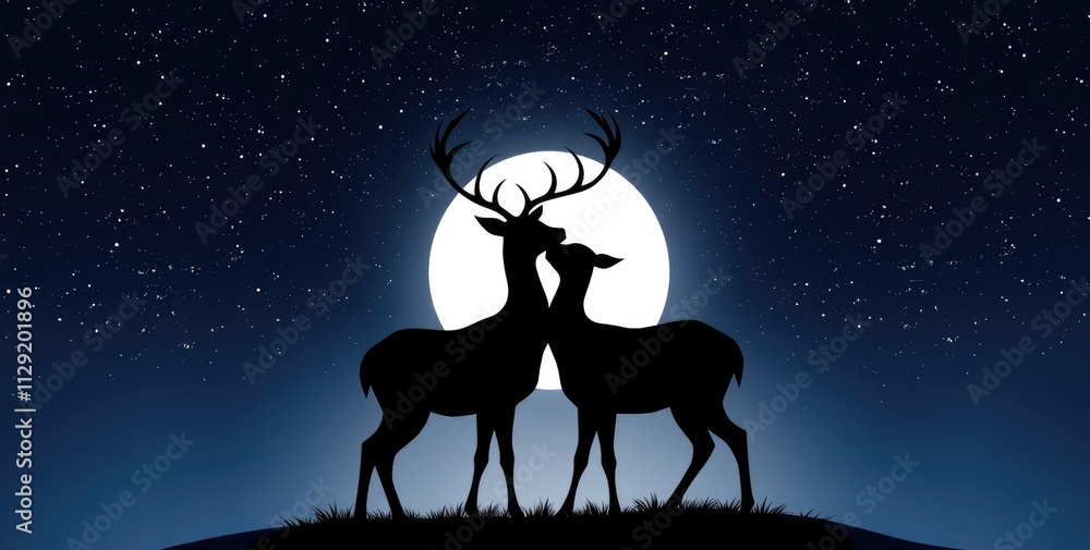 Against a backdrop of twinkling stars and a glowing full moon, a romantic deer couple shares an intimate moment, symbolizing love in nature's embrace Against a backdrop of twinkling stars and a glowing full moon, a romantic deer couple shares an intimate moment, symbolizing love in nature's embrace