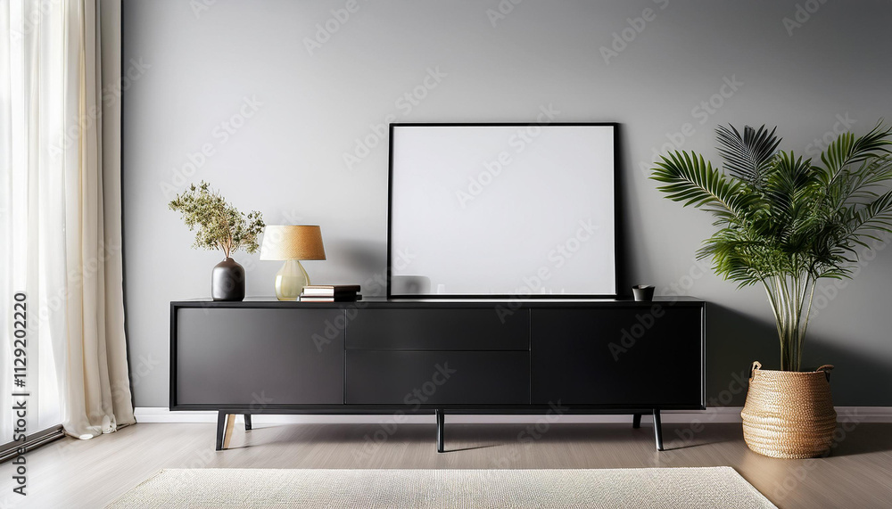Obraz premium Black sideboard in living room interior with copy space