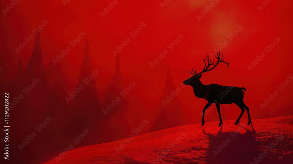 black reindeer silhouette stands against vivid red snowy landscape, surrounded by dark, shadowy trees. scene evokes sense of mystery and tranquility black reindeer silhouette stands against vivid red snowy landscape, surrounded by dark, shadowy trees. scene evokes sense of mystery and tranquility
