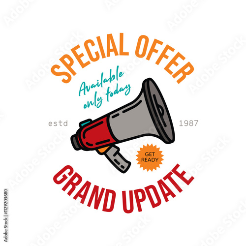 Emblem with the image of a megaphone. Original vector illustration in vintage style. T-shirt design.