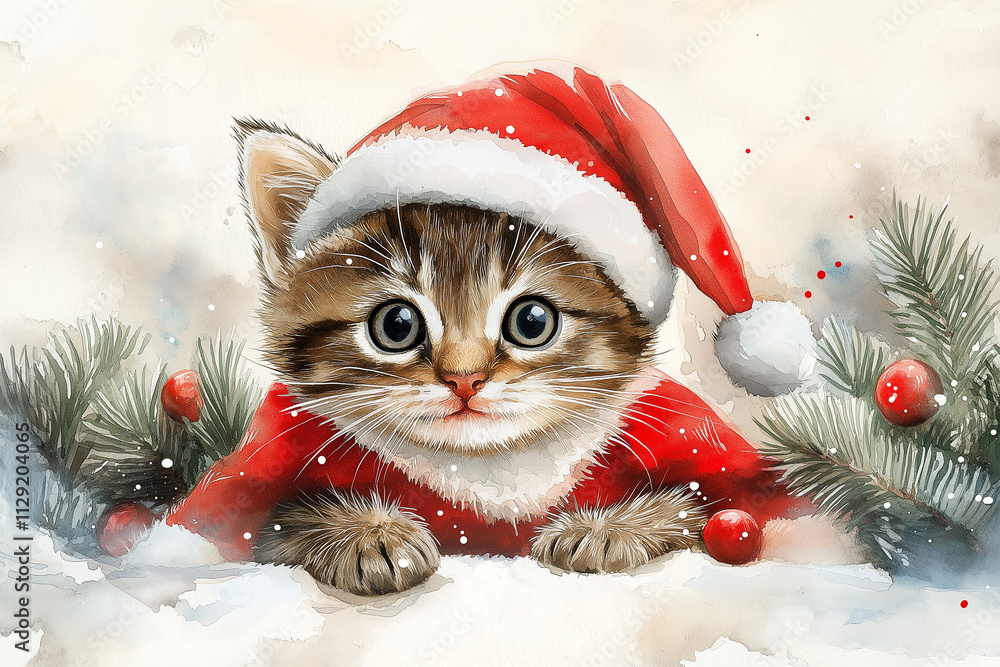 A small kitten dressed as Santa Claus, oversized hat falling over one eye, watercolor illustration style. A small kitten dressed as Santa Claus, oversized hat falling over one eye, watercolor illustration style.