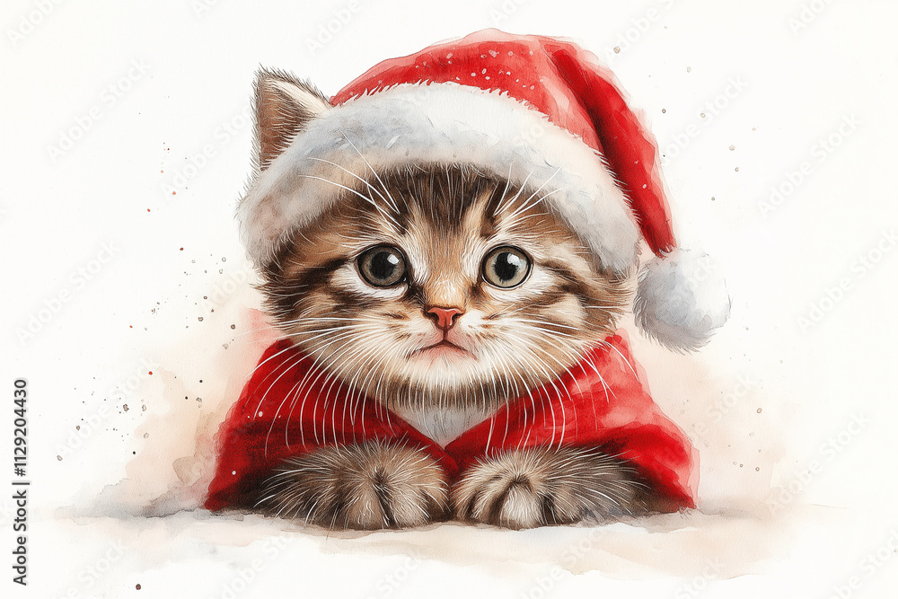 A small kitten dressed as Santa Claus, oversized hat falling over one eye, watercolor illustration style. A small kitten dressed as Santa Claus, oversized hat falling over one eye, watercolor illustration style.