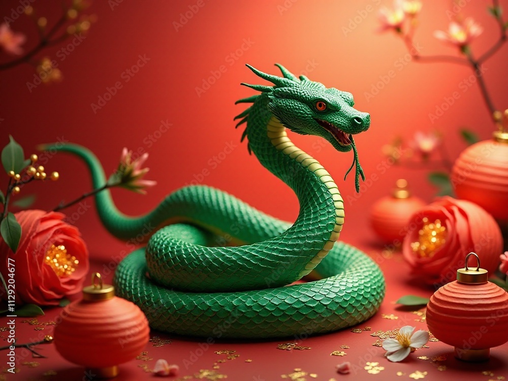 Exotic Green Snake Among Red Lanterns - A Symbol of Luck and Tradition Exotic Green Snake Among Red Lanterns - A Symbol of Luck and Tradition