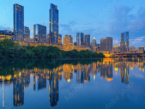 city skyline reflection at dusk with illuminated buildings