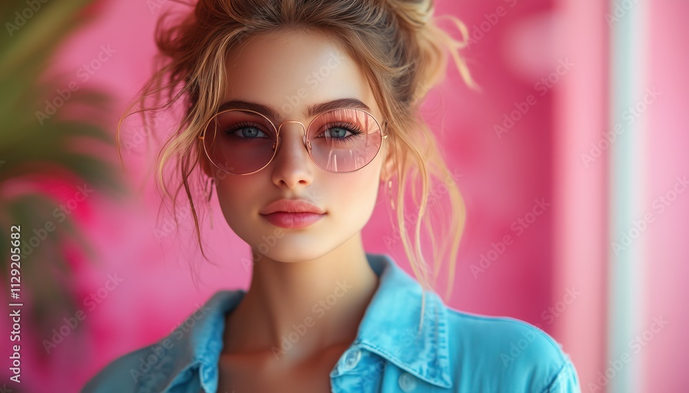 Fototapeta premium Portrait of young woman in stylish blue outfit on pink background