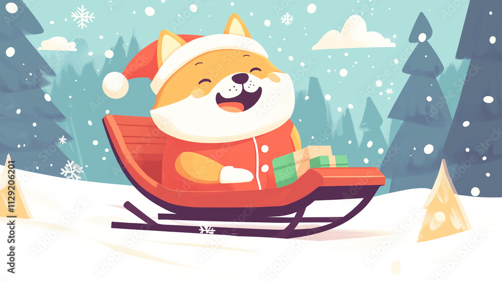 Naklejka premium Cute shiba dog with santa clothes riding red sleigh in snow, flat illustration style