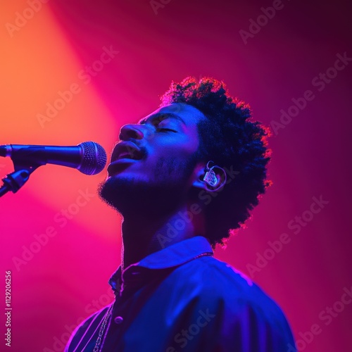 performer singing on stage with vibrant lighting