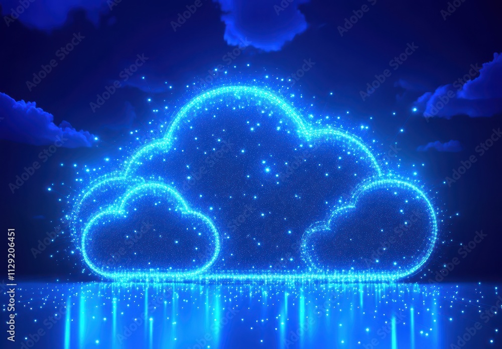 Obraz premium Glowing Digital Cloud with Sparkling Particles and Dreamy Blue Background, Perfect for Representing Data Storage, Technology, and Cloud Computing Concepts