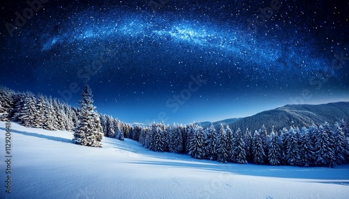 a night deep blue sky with swirling stars and winter forest of pine trees in the foreground the foreground is a snowy landscape with rolling hills dreamy and festive mood winter background photo