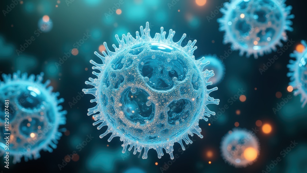 Microscopic View of Viruses Cyan Blue Viral Particles in 3D Render Microscopic View of Viruses Cyan Blue Viral Particles in 3D Render