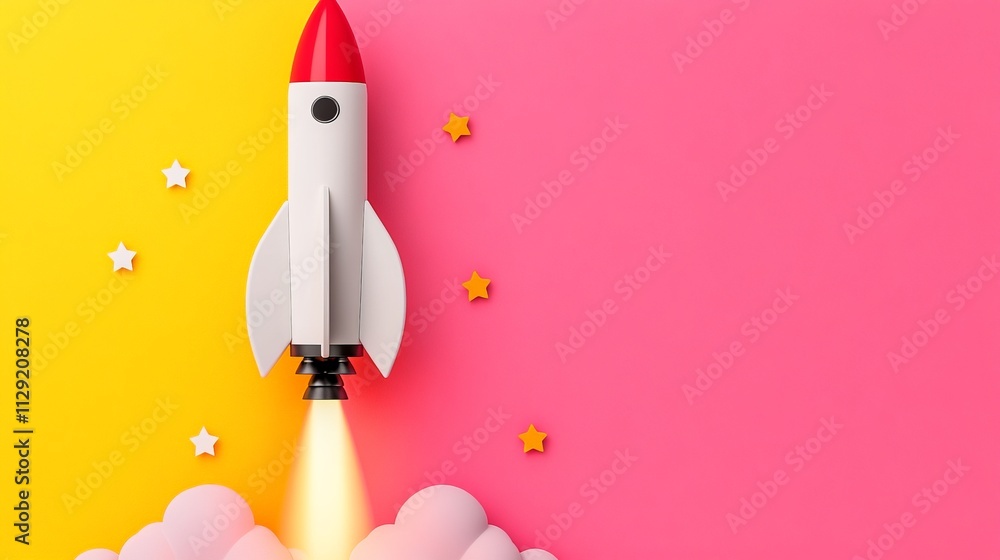 Launching Innovation: A vibrant, stylized rocket ship blasts off against a playful pink and yellow backdrop, symbolizing new beginnings and bold ventures. Perfect for illustrating progress. Launching Innovation: A vibrant, stylized rocket ship blasts off against a playful pink and yellow backdrop, symbolizing new beginnings and bold ventures. Perfect for illustrating progress.