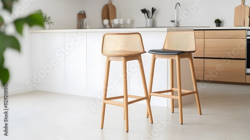 Exquisite bamboo furniture craftsmanship for interior elegance. Modern kitchen featuring stylish wooden bar stools with a sleek design, set against a minimalist backdrop.