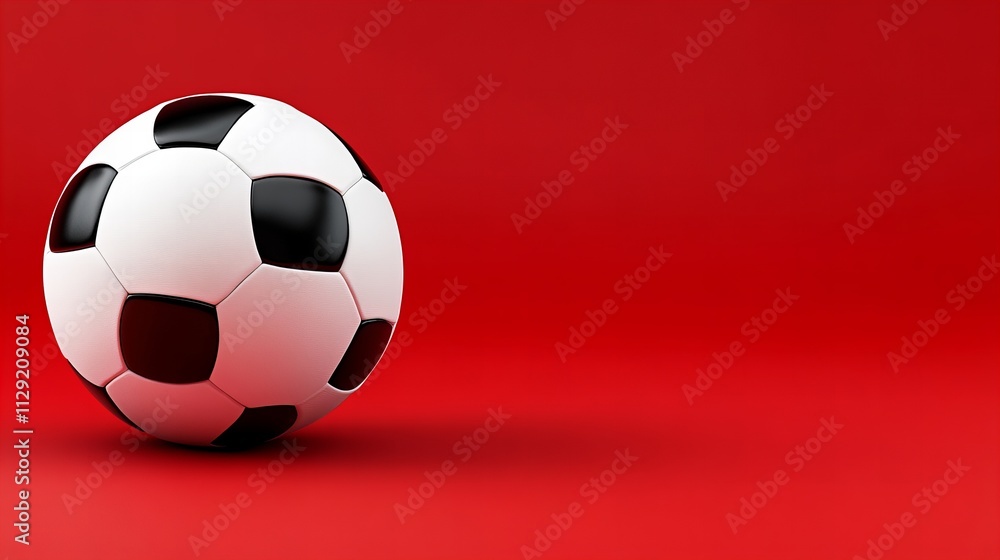 A classic black and white soccer ball is positioned against a vibrant red background, emphasizing its round shape. A classic black and white soccer ball is positioned against a vibrant red background, emphasizing its round shape.
