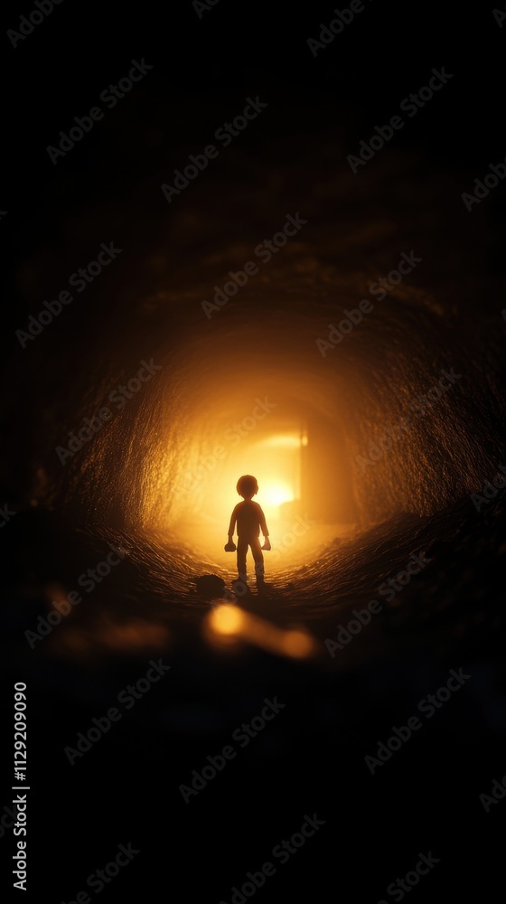 Fototapeta premium A figure stands in a dark tunnel, illuminated by a warm glow, creating a mysterious and adventurous atmosphere.