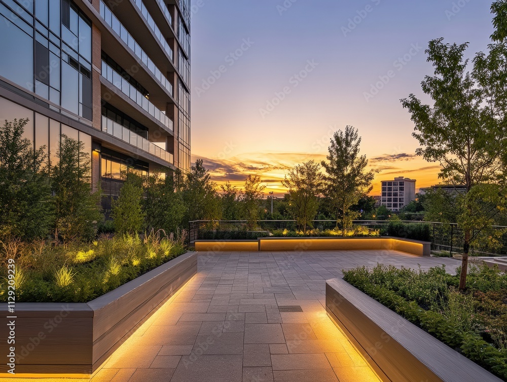 modern urban terrace at sunset with lush greenery modern urban terrace at sunset with lush greenery