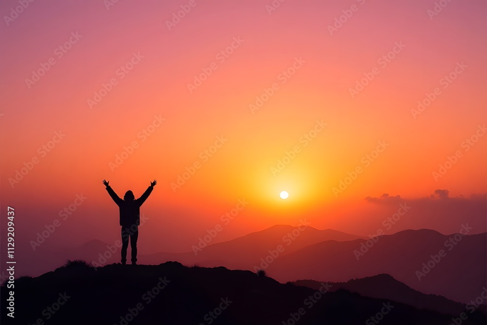Silhouette of person at sunrise on mountain with vibrant sky Silhouette of person at sunrise on mountain with vibrant sky