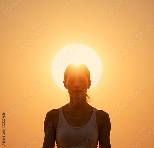 Silhouetted young hispanic female meditating at sunset with sun in background