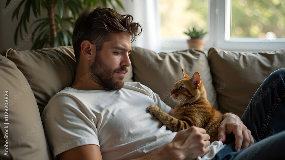a man is laying on a couch with a cat and a cat. a man is laying on a couch with a cat and a cat.