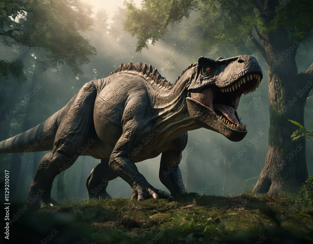 Fototapeta premium Dinosaur Roams in a Misty Forest Environment During Early Morning