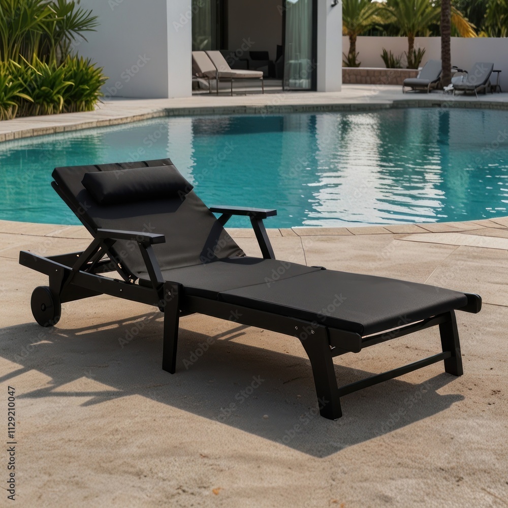 Black adjustable poolside chaise lounge with padded cushions and wheels. Black adjustable poolside chaise lounge with padded cushions and wheels.
